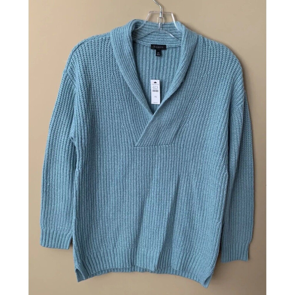 Talbots Size XS Cable Knit Sweater Light Blue Ribbed Pullover Wool Blend NEW! B7